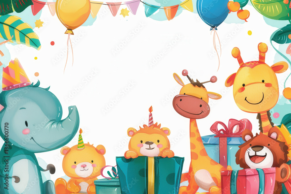 Obraz premium Playful Kids Birthday Border with Cute Cartoon Animals and Colorful Balloons