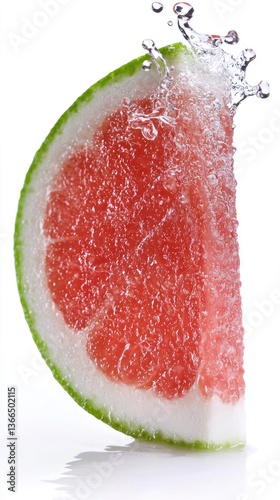 Grapefruit Slice Splash Refreshing slice on white background with water splash. Stock photo
