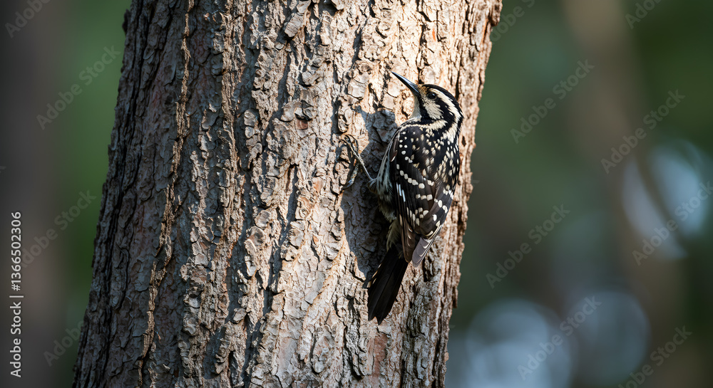 Obraz premium Varied Sittella perched upon a textured tree trunk in a forest setting