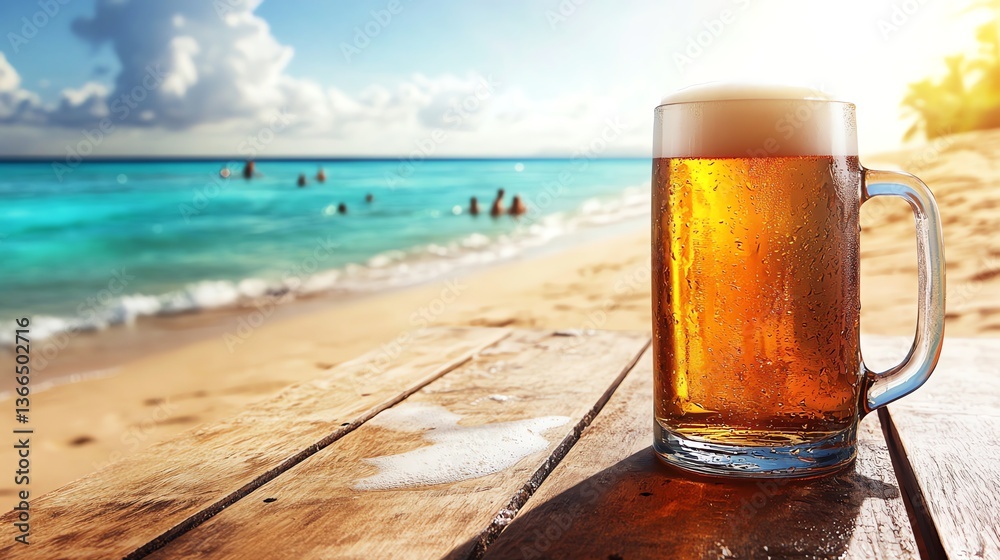 Refreshing Beer Mug on Wooden Table at Sunny Beach Vacation Scene Refreshing Beer Mug on Wooden Table at Sunny Beach Vacation Scene