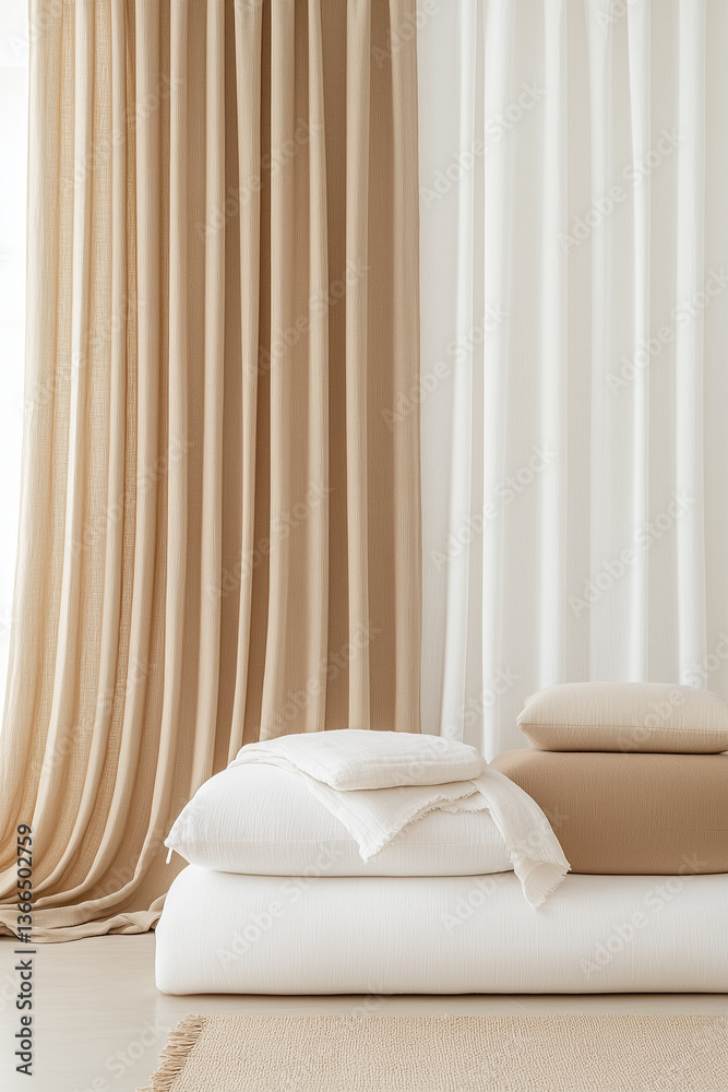 Elegant Minimalist Interior with Cream and White Linen Curtains, Floor Cushions and Textured Rug Elegant Minimalist Interior with Cream and White Linen Curtains, Floor Cushions and Textured Rug