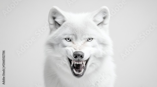 A fierce white wolf, mouth agape, stares directly photo