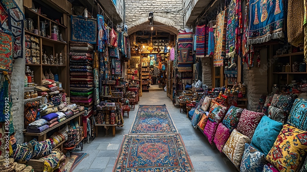 Fototapeta premium Colorful textiles fill a narrow market alleyway