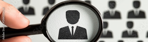 Magnifying glass focuses on candidate with others in background for recruitment