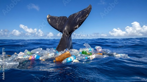 Whale tail surfaces amid floating plastic waste in ocean during clear blue sky