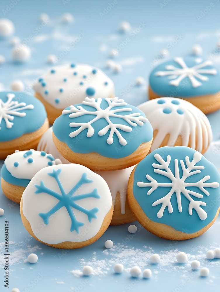 Festive winter donuts decorated with snowflakes and icing Festive winter donuts decorated with snowflakes and icing