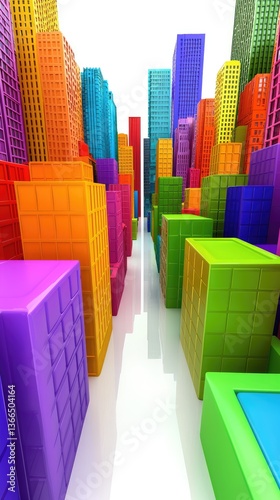 Colorful city skyline, vibrant buildings, futuristic architecture, white background, ideal for urban design