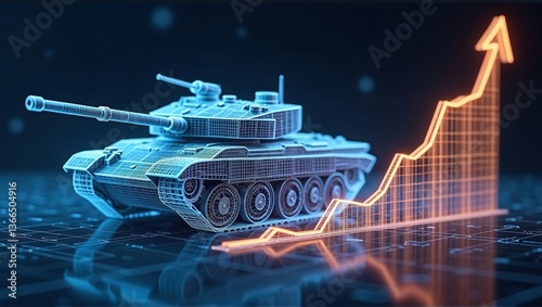 A tank beside an upward-trending chart with an arrow, symbolizing rising military defense expenditures and increased armament