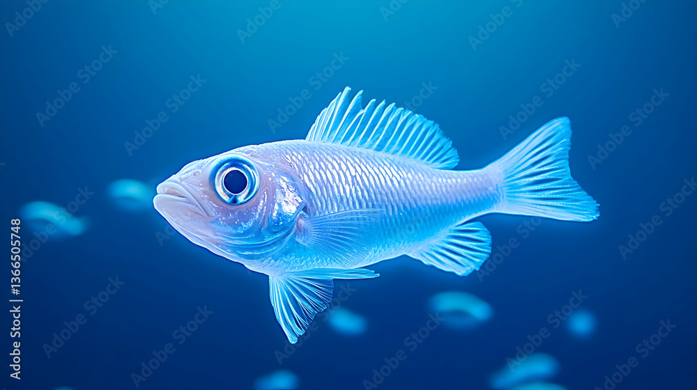 Glowing blue fish underwater, surrounded by smaller fish Glowing blue fish underwater, surrounded by smaller fish