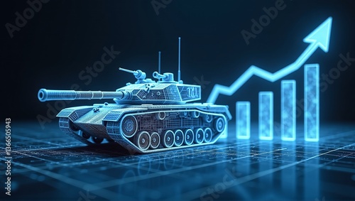 A tank beside an upward-trending chart with an arrow, symbolizing rising military defense expenditures and increased armament