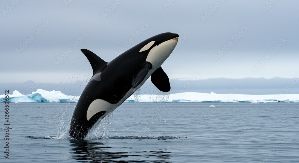 Obraz premium Orca breaching the surface of the ocean, creating a splash, conveying a sense of freedom and power, with icebergs visible in the background