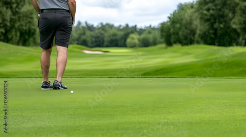 Golfer preparing for a putting shot on a lush green golf course