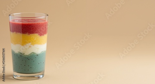 Colorful layered smoothie in a tall glass showcasing vibrant textures and fresh ingredients, radiating a refreshing and inviting mood against a soft beige background