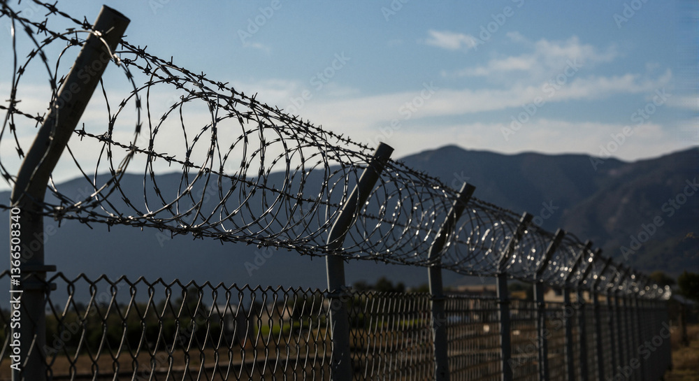 Barbed wire fence against mountainous background Barbed wire fence against mountainous background