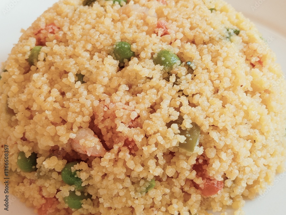 Couscous with vegetables and shrimps on a white plate.