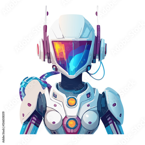Humanoid robot with a holographic mask in a cyberpunk world.