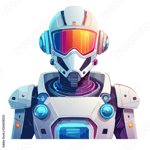 Humanoid robot with a holographic mask in a cyberpunk world.