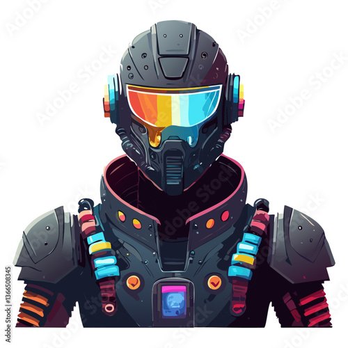 Humanoid robot with a holographic mask in a cyberpunk world.