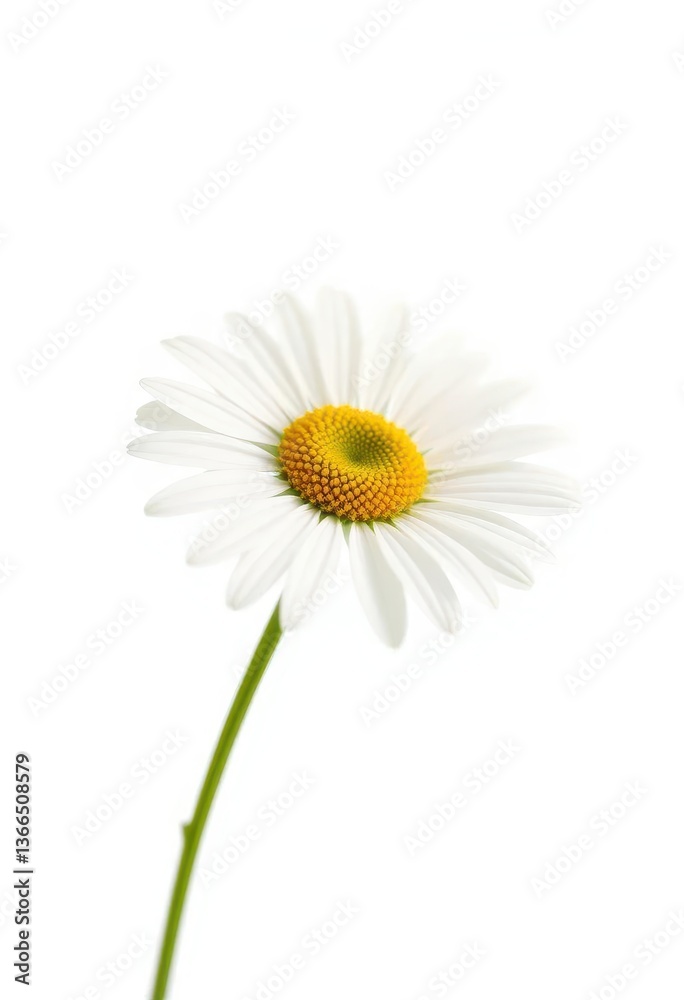 Fototapeta premium Single chamomile stem, vibrant white petals against pure white background, yellow center, health
