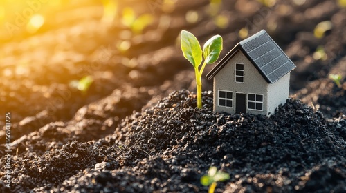 Sustainable home, seedling growth, soil, sun, eco-friendly housing concept