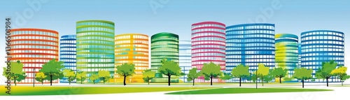 Colorful city skyline, green park, sunny day, urban landscape, website banner