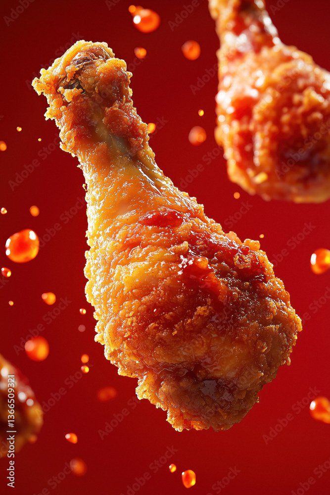Close-up of fried chicken drumsticks with a red sauce drizzle, against a red background with sauce droplets.