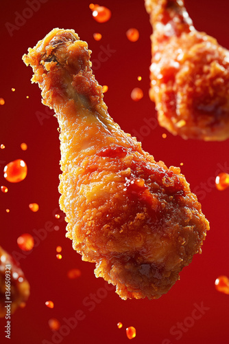 Obraz na płótnie Close-up of fried chicken drumsticks with a red sauce drizzle, against a red background with sauce droplets. w salonie
