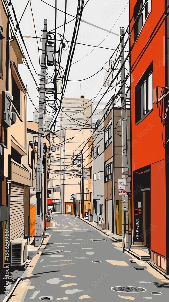 Obraz premium Narrow city alleyway, Japan, urban scene, background buildings, travel poster