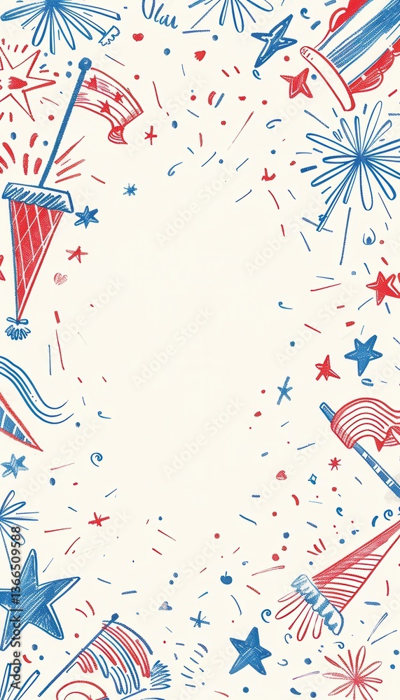 Fototapeta premium Whimsical Patriotic Doodle Border with Fireworks and Stars in Red, White, and Blue