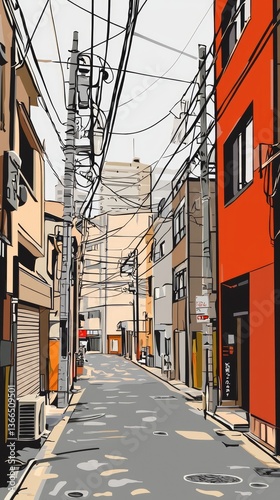 Narrow city alleyway, Japan, urban scene, background buildings, travel poster