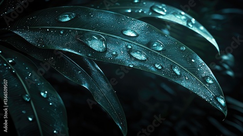 Dew-kissed leaves, rainforest, dark background, nature wallpaper