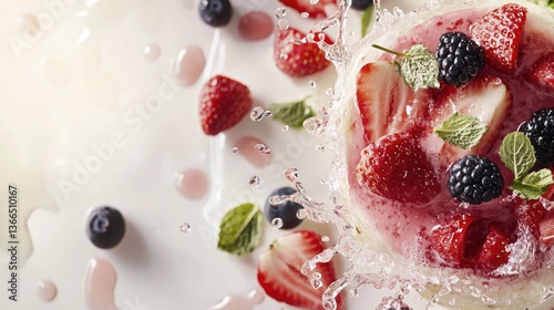 Fresh fruit dessert in milk splash, healthy snack, vibrant colors