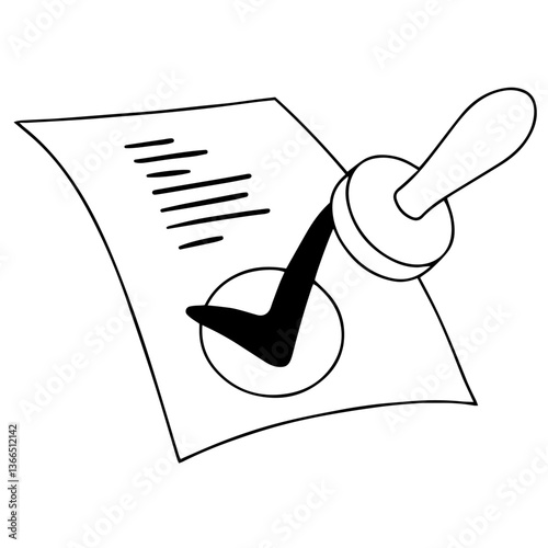 Approved document, Sheet of paper with text and a large checkmark inside a circle, alongside a stamp. verification, official approval, official verification, certification process, paperwork validatio