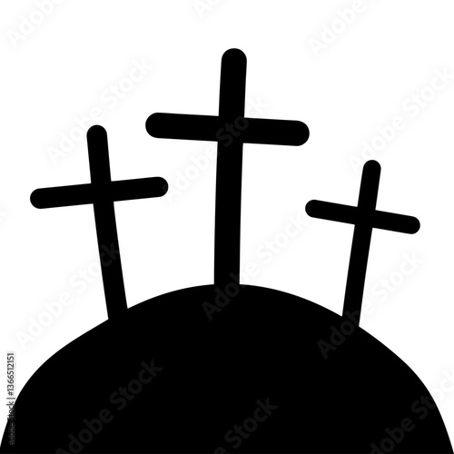 Cemetery with three black crosses on hill, central cross larger, taller than the others, religious burial ground, mourning, loss and remembrance, death, memorials, religious symbolism