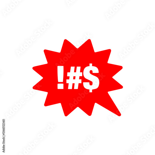 Red star explosion of anger burst with jagged edges and !#$ symbols in the center. offensive language, rage, frustration, frustration outburst, emotional intensity, stress