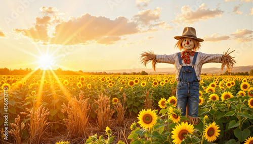 Cheerful scarecrow standing in sunflower field at sunset, autumn vibes