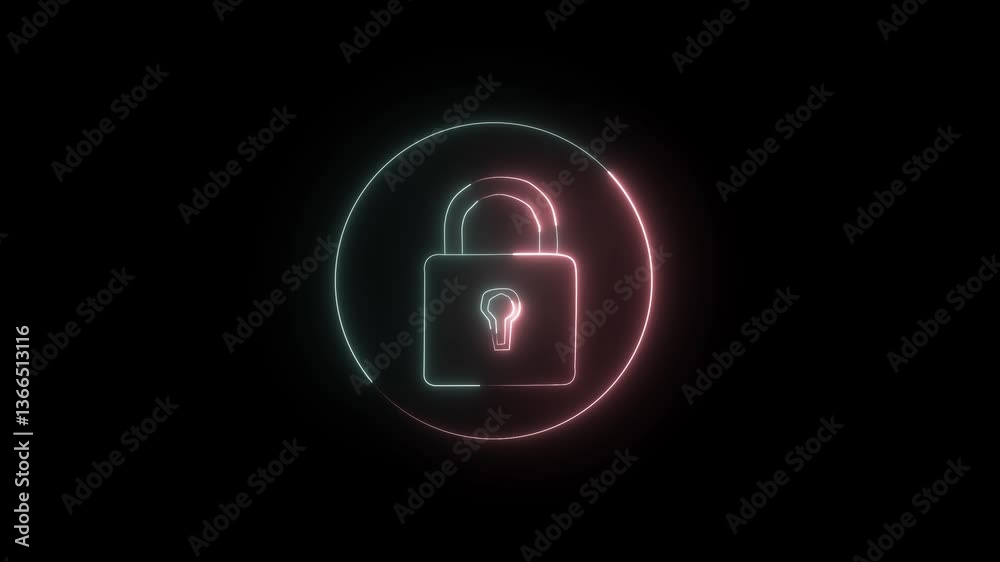 Lock the circle icon animation by white color neon on black background. Lock the circle icon animation by white color neon on black background.
