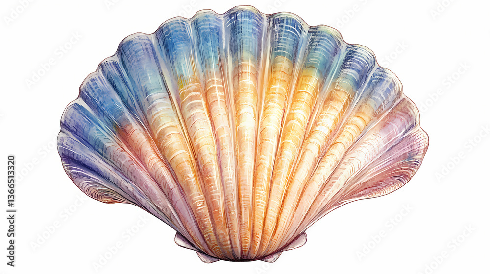 Fototapeta premium Colorful scallop shell illustration. transparent background png. Spiritwoven Shell. Illustration