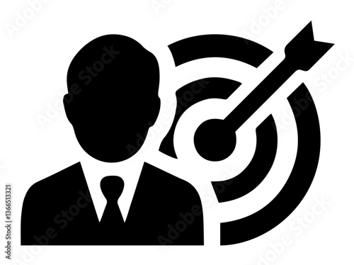 Businessman silhouette with suit and tie on background of target with arrow. success, career achievement, goal setting, leadership,professional excellence, goal achievement, business negotiation