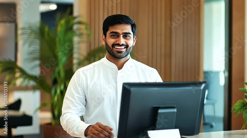 Elegant Indian Hotel Receptionist Welcoming Guests at a Stylish Front Desk A professional Indian hotel receptionist
