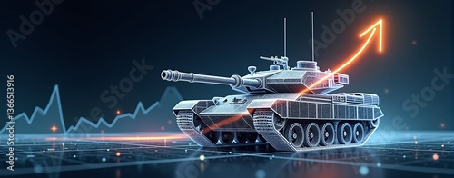 A tank beside an upward-trending chart with an arrow, symbolizing rising military defense expenditures and increased armament