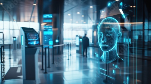 A futuristic biometric security checkpoint, facial recognition scanners in a sleek airport, Cybersecurity style