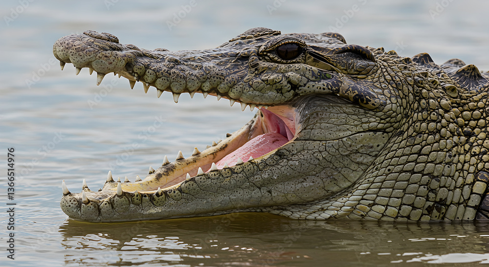 Obraz premium Menacing Crocodile Jaws Open Wide Displaying Sharp Teeth Emerging from Water