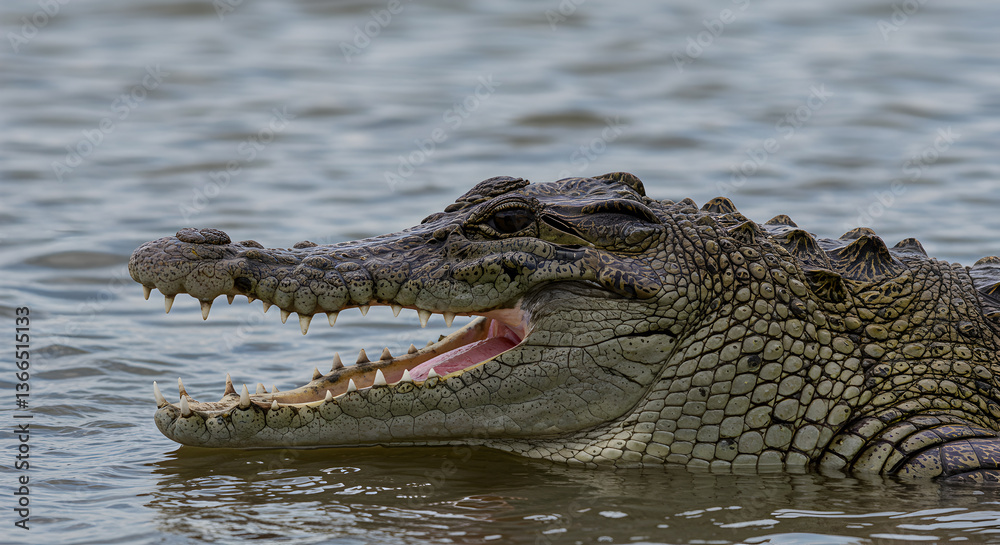 Obraz premium Menacing crocodile portrait emerging from murky water with jaws agape