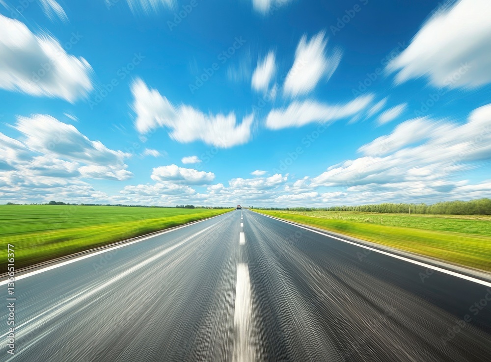 Driving on Open Road with Motion Blur Under Blue Sky Driving on Open Road with Motion Blur Under Blue Sky