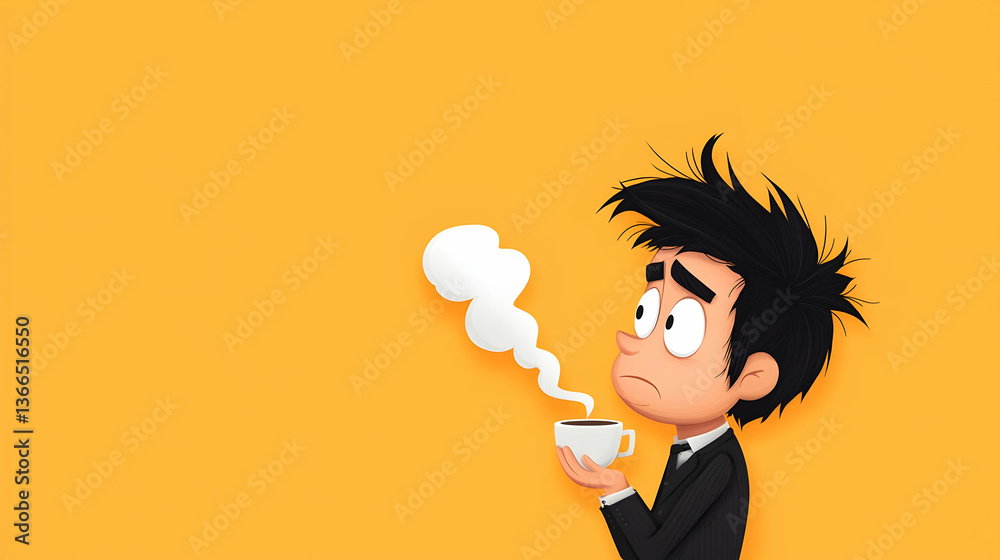 Thoughtful Man in Suit Holding Coffee Cup on Yellow Background Thoughtful Man in Suit Holding Coffee Cup on Yellow Background