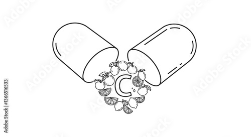 Vitamin C capsules containing fruits and berries on transparent background  