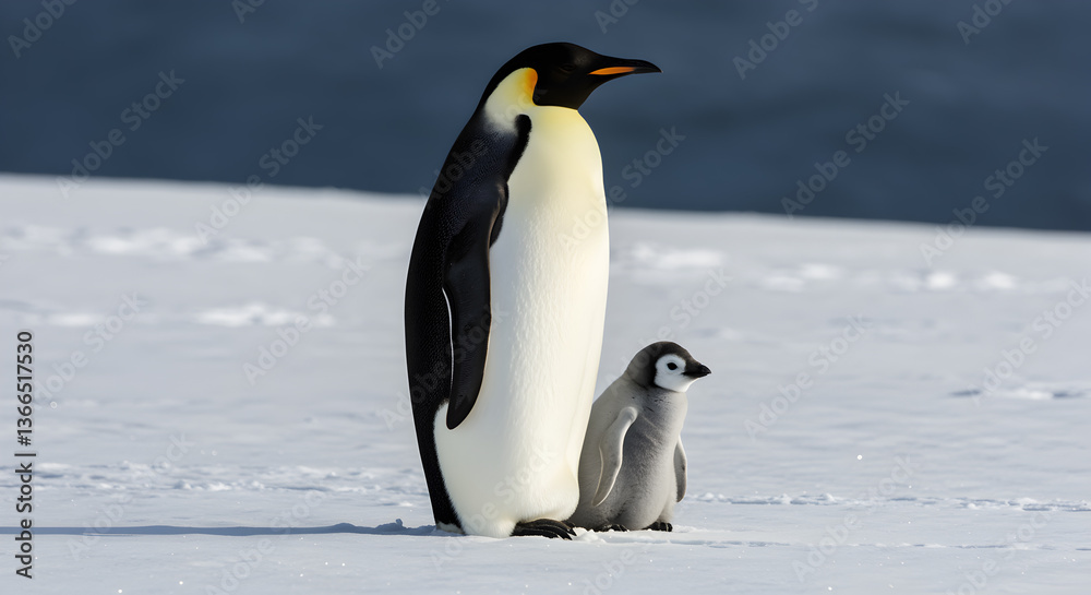 Fototapeta premium Majestic emperor penguin safeguarding its vulnerable chick on antarctic ice