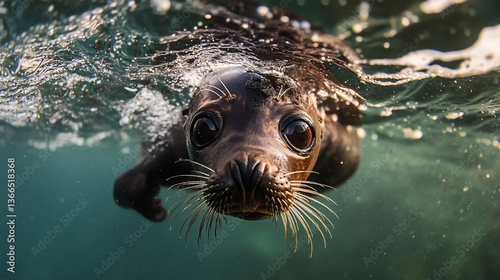 Fototapeta premium Underwater close-up of a curious seal pup swimming near the surface.