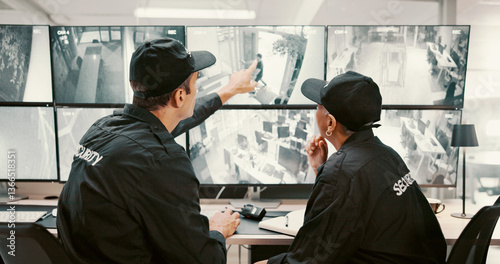 Φωτογραφία Camera, security and people pointing on computer screen for surveillance, observation and monitoring